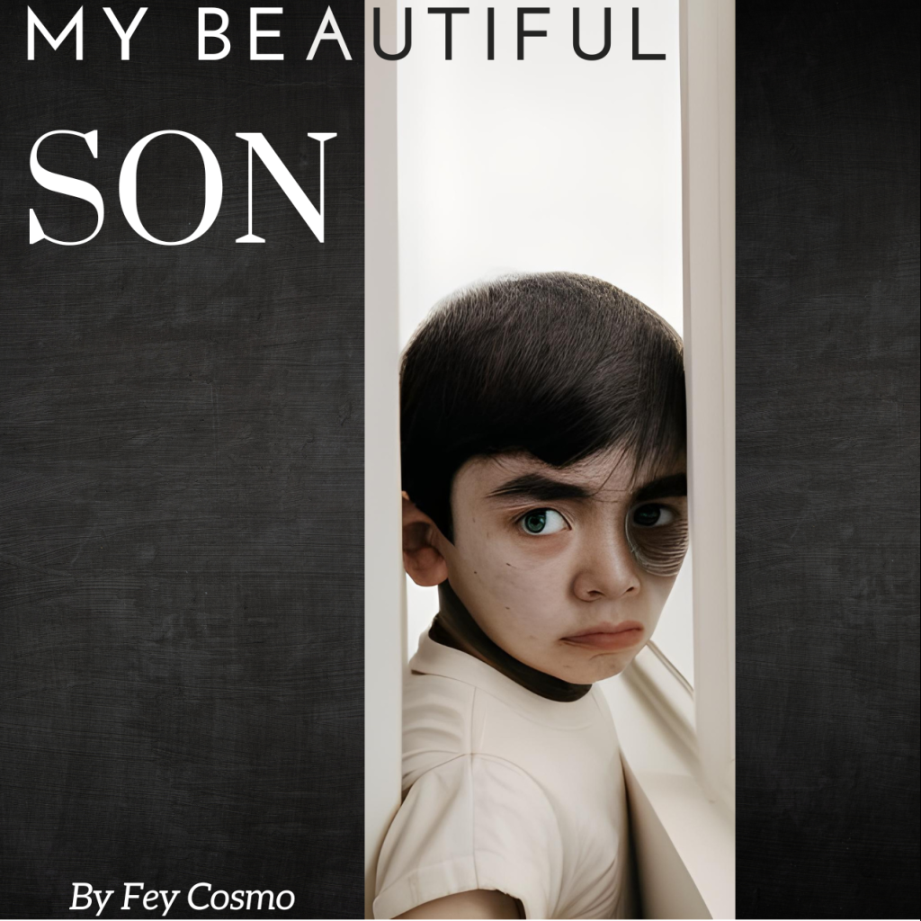 Dark haired boy stares at the reader, half his face is in shadow